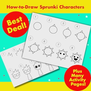 Puede incluir: Dos hojas de papel con instrucciones paso a paso sobre cómo dibujar personajes de Sprunki. Las instrucciones están numeradas y muestran la progresión de un círculo a un personaje terminado. Círculos rojos con texto que dicen "Best Deal!" y "Plus Many Activity Pages!"