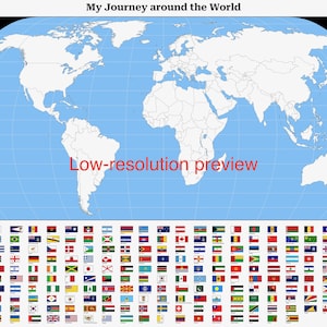 May include: A world map with a blue background and white country borders. The map is surrounded by a black border. Below the map is a grid of flags from different countries. The text "My Journey around the World" is at the top of the image. The text "Low-resolution preview" is in the center of the map.