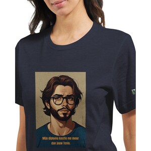 Camiseta de estudiante satírico Mijn diploma kostte me meer dan jouw Tesla Unisex Bella+Canvas 3001