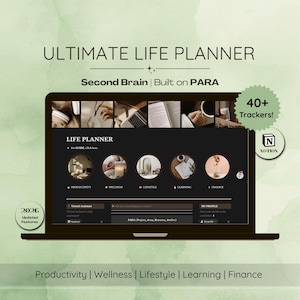 May include: A laptop displays the "ULTIMATE LIFE PLANNER" interface, with the text "Second Brain | Built on PARA." The screen shows sections for Productivity, Wellness, Lifestyle, Learning, and Finance. The image also includes "40+ Trackers!" and "2026 Updated Features."