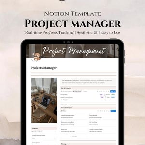 May include: A digital Notion template for project management displayed on a tablet screen. The interface features sections for project lists, notes, and progress tracking with a neutral color palette and a small cartoon otter icon.