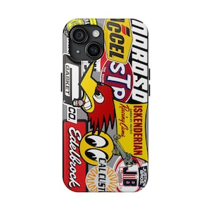 May include: A phone case with a colorful collage of vintage racing stickers. The stickers feature logos for Edelbrock, Cal Custom, Justice Bros., and Iskenderian Racing Cams. The case also features a red and yellow cartoon bird with the text "The Racer" and a red and white "STP" logo.