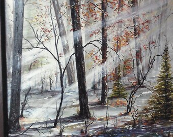 Autumn snow, chilled water,large framed original  oil, one of a  kind, lovely  forest view