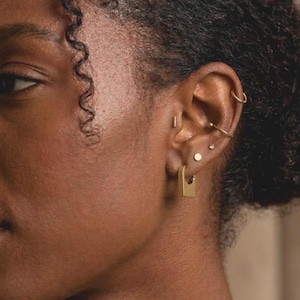 May include: Close-up of an ear adorned with multiple gold earrings. The earrings include a small bar, a tiny ball stud, a small disc, a hoop, and a square-shaped lock earring. The skin tone is a warm brown.