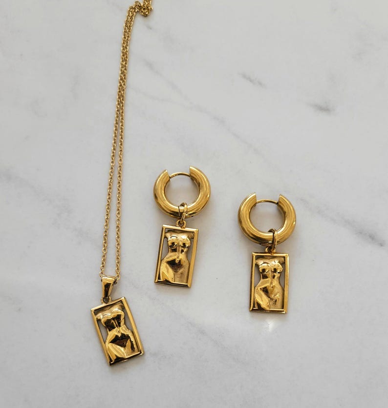 Heilige vrouwelijke kettingoorbellenset | Gouden godin silhouet sieraden| Goddelijk vrouwelijk cadeau afbeelding 7