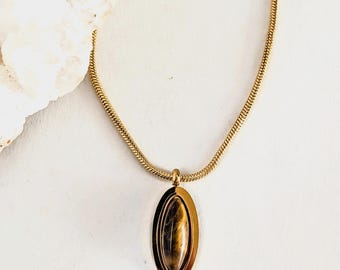 18k Gold Tiger's Eye Necklace | Oval Gemstone Pendant | Snake Chain | Minimalist Spiritual Jewelry | Bohemian Jewelry