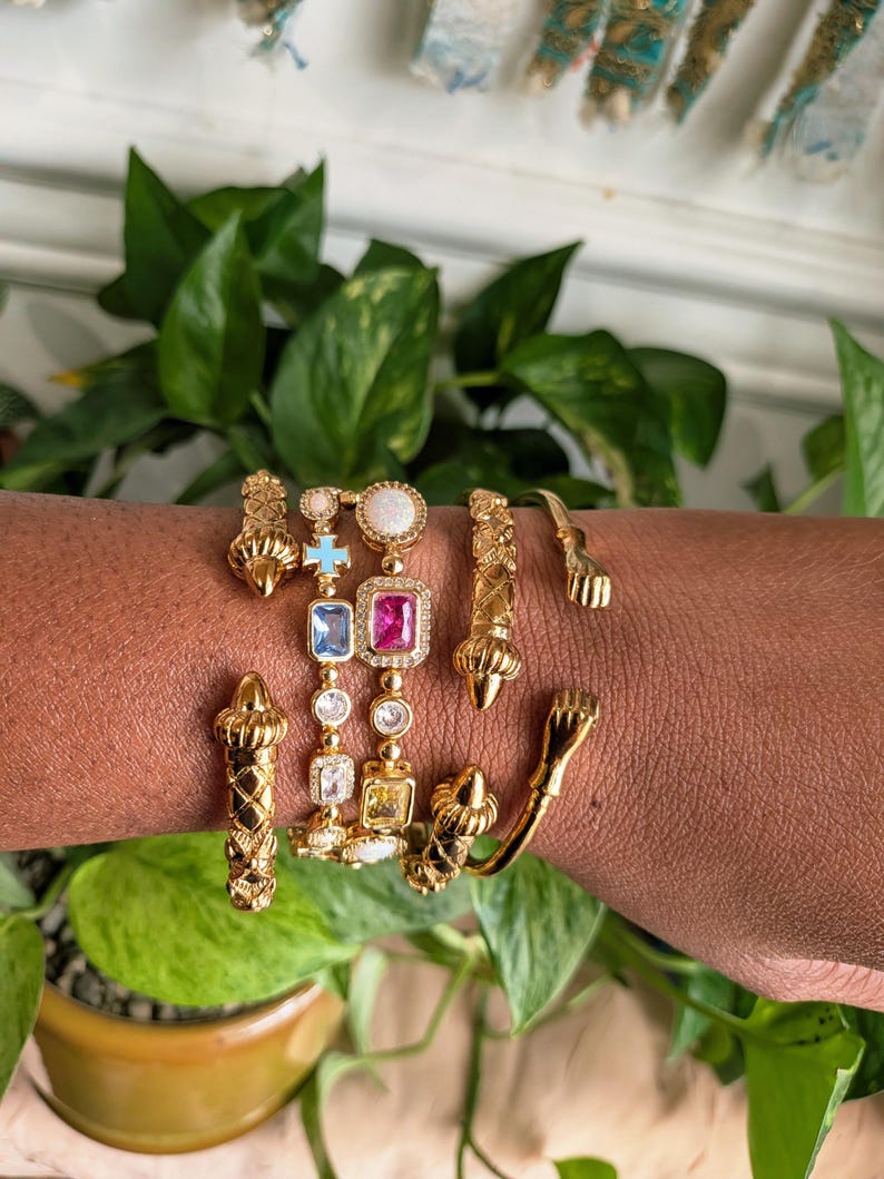 Empress Opal & Moissanite Bracelet, Multicolor Opal Moissanite Bracelet, 18k Gold Plated | Rainbow Gemstone Tennis Bracelet |Unisex Jewelry image 1