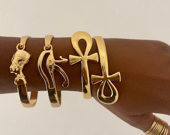 Ancient Goddess Egyptian Statement Bangles, 18K Gold African Statement Jewelry