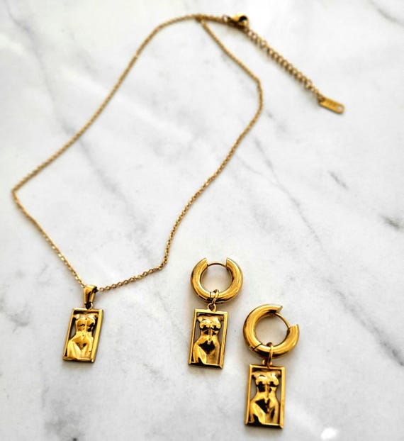 Sacred Feminine Necklace Earring Set | Gold Goddess Silhouette Jewelry| Divine Feminine  Gift
