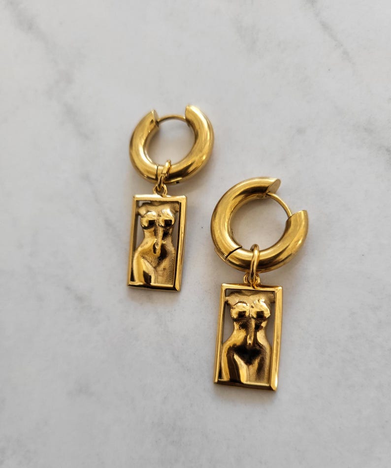 Heilige vrouwelijke kettingoorbellenset | Gouden godin silhouet sieraden| Goddelijk vrouwelijk cadeau afbeelding 3