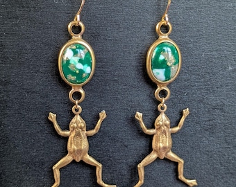 Brass Frog & Mottled Green Vintage Lucite Dangle Earrings