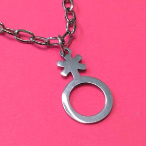 以下が含まれることがあります： 性別非公開のシンボルペンダントが付いたシルバーカラーのネックレス。ペンダントは円と十字のような形を組み合わせたものです。ネックレスチェーンは楕円形のリンクでできており、明るいピンク色の背景にセットされています。