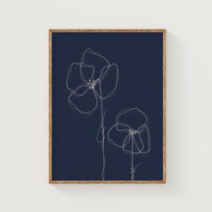 Dunkelblaue Blumenkunst, marineblauer botanischer Kunstdruck, digitaler Download Blumendruck, minimalistische Blumenlinie Kunst, marineblaue Wandkunst
