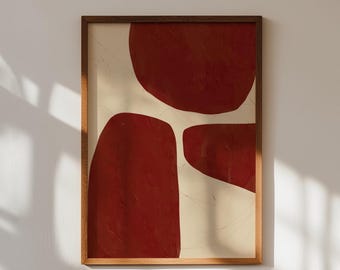 Red and cream art print, organic forms abstract art, geometric abstract art, mid century wall art, instant download red print