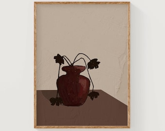 Dark red vase with flowers digital art, floral minimalist wall art, neutral colors still life painting, printable red and brown poster