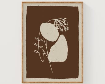 Stampa floreale astratta, arte murale floreale marrone, arte botanica astratta moderna, stampa floreale digitale scaricabile, poster minimalista marrone stampabile