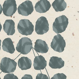 May include: Abstract pattern of overlapping circles in shades of blue on a beige background.