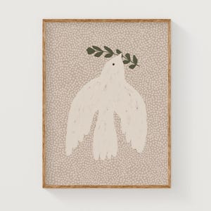 May include: A framed print of a white dove with a green olive branch in its beak, set against a light brown background with a speckled pattern.