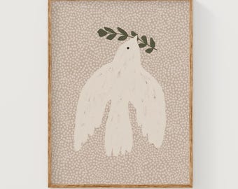 Dove downloadable art print, minimalist peace dove painting, dove wall art, peace symbol printable art, neutral nursery art, beige dove art
