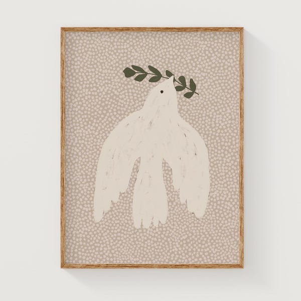 Downloadbare kunstprint duif, minimalistische vredesduif schilderij, kunst aan de muur duif, afdrukbare kunst vredessymbool, neutrale kinderkamerkunst, beige duifkunst