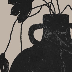 May include: Black vase with a handle, holding black stems and leaves, set against a beige background. The vase has a textured appearance, and the artwork is a minimalist illustration.