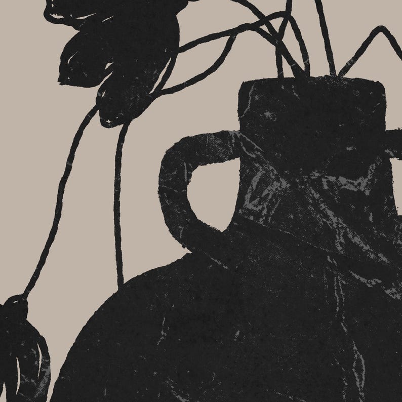 May include: Black vase with a handle, holding black stems and leaves, set against a beige background. The vase has a textured appearance, and the artwork is a minimalist illustration.