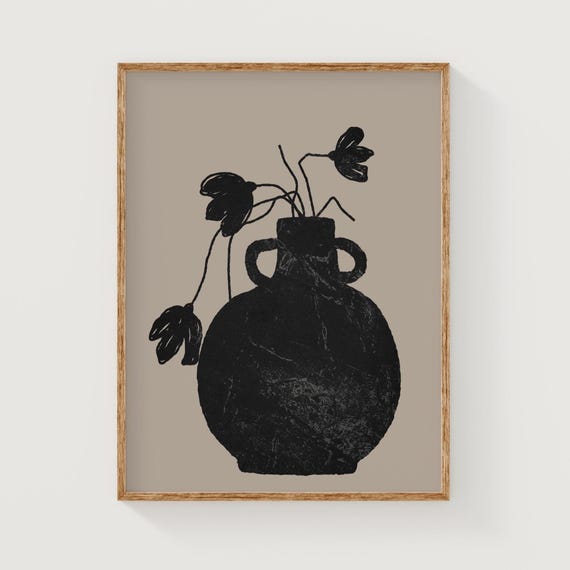 Modern still life print, flowers in vase minimalist wall art, eclectic wall art, vase digital download print, black flower silhouette print
