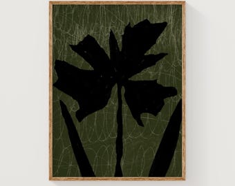 Dunkelgrüne und schwarze Blumenkunstdruck, druckbare olivgrüne Wandkunst, dunkle minimalistische digitale Downloadkunst, launischer botanischer Kunstdruck