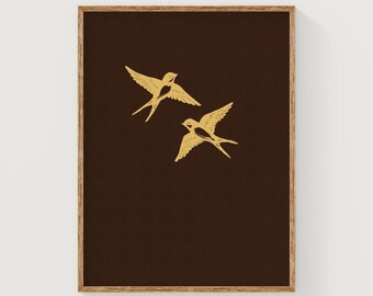 Two golden swallow birds art print, brown and gold wall art, minimalist nature wall art, flying birds poster, golden bird flock art