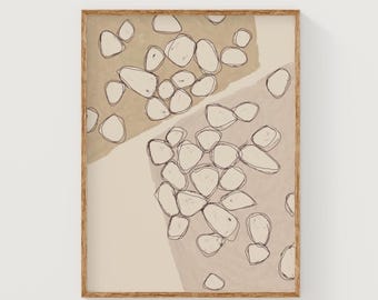 Könnte beinhalten: Abstrakter Kunstdruck mit beigefarbenem Hintergrund und braunen Linien, die Formen bilden, die an Kieselsteine erinnern. Der Druck ist in einem hellen Holzrahmen gerahmt.