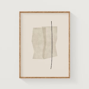 May include: Abstract art print featuring two overlapping beige shapes and a black line, framed in wood.