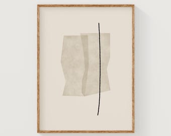 Beige abstract collage art with a black line, neutral minimal print, beige printable art, geometric abstract print, japandi black white art