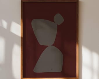 Dark red and gray minimalist abstract print, printable wall art, digital download japandi print, organic modern abstract poster