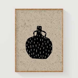 May include: A black and white illustration of a vase with a textured pattern. The vase is set against a beige background.