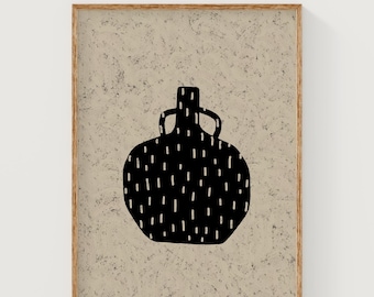 Minimalist ceramic vessel print, abstract vase art, minimalist pottery art, black vase art, pottery illustration, neutral vase wall art