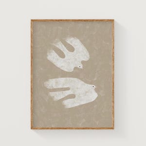 Zwei Vögel Wandbild, beige und weiße Vögel Druck, minimalistische neutrale Wandkunst, moderne einfache Vogelkunst, fliegende Vögel Poster, große digitale Kunst