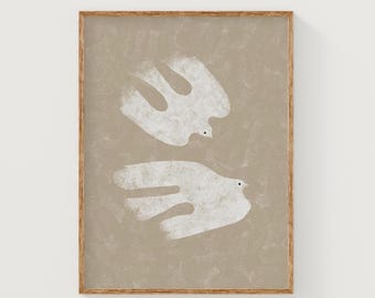 Due uccelli da parete, stampa di uccelli beige e bianchi, arte murale minimalista e neutra, arte moderna e semplice di uccelli, poster di uccelli in volo, grande arte digitale