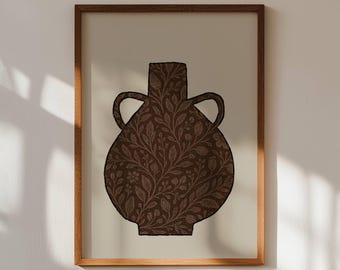 Beige and brown ceramic vase print: Minimalist printable art with botanical patterns