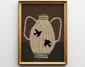 Minimalist antique vase art print, vessel still life printable art, brown and beige pottery with birds digital download print