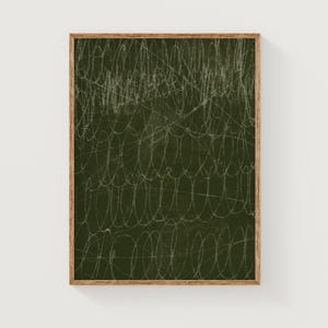 May include: Abstract art print with a dark green background and a white pattern of lines and circles. The print is framed in a natural wood frame.