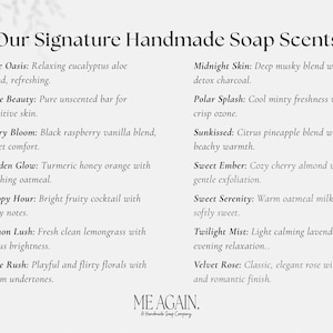 May include: A list of handmade soap scents, including Aloe Oasis, Berry Bloom, and Velvet Rose, is displayed on a light background. The text is in a clean, modern font, with the brand logo at the bottom.
