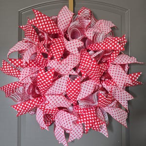 Valentine’s Day Wreath - Red & Pink Heart Deco Mesh - Romantic Love Holiday Decor - Heart Ribbon Door Hanging - Handmade Seasonal Wreath