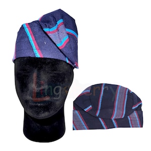 African Aso Oke Fila Gobi : Yoruba Men&#39;s Cap - Blue-Wine/Magenta