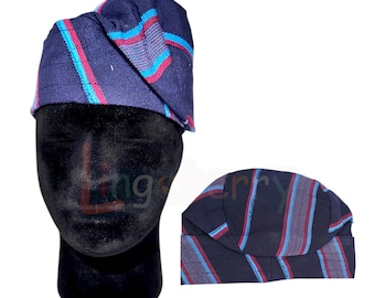 African Aso Oke Fila Gobi : Yoruba Men's Cap - Blue-Wine/Magenta
