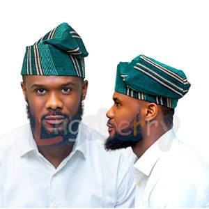 Green Aso Oke Fila: Yoruba Wedding Cap, Traditional African Menswear