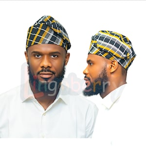 Yellow Aso Oke Fila: Yoruba Wedding Cap, Traditional African Mens Hat