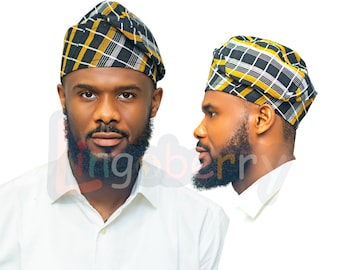 Yellow Aso Oke Fila: Yoruba Wedding Cap, Traditional African Mens Hat