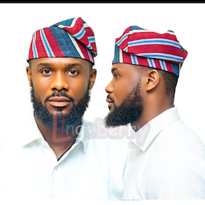 Wine Aso Oke Fila Cap & Trouser Set: Yoruba Traditional Menswear