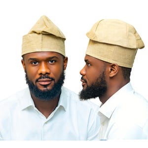 African Fila Gobi | Beige | Black n Beige– Aso Oke Yoruba Cap and Trouser Set | African hat | Traditional Men&#39;s Cap for Weddings and Parties