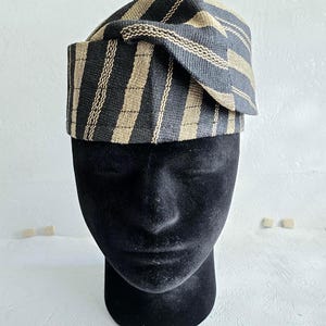 African Fila Gobi | Beige | Black n Beige– Aso Oke Yoruba Cap and Trouser Set | African hat | Traditional Men&#39;s Cap for Weddings and Parties